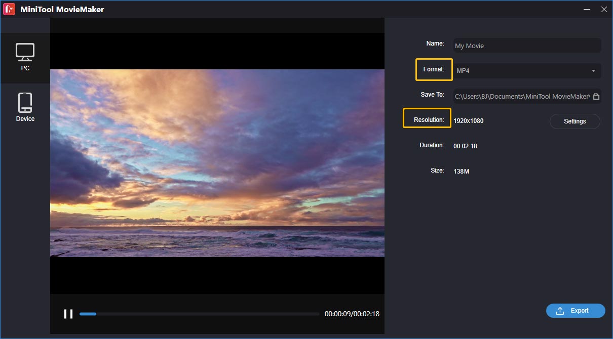 video format and resolution in MiniTool MovieMaker