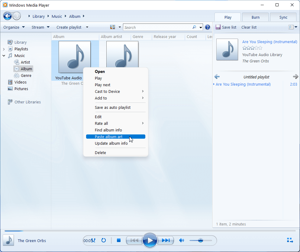 paste album art in Windows Media Player