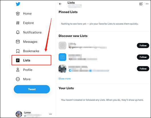 select Lists on the left menu of Twitter