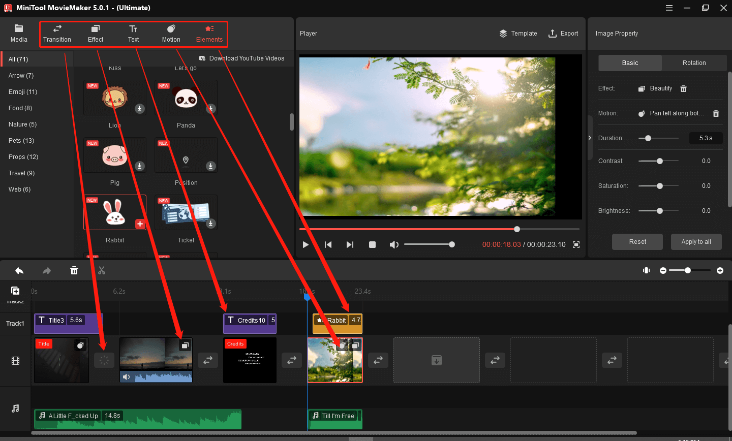add transition, effect, text, motion, and elements to your video
