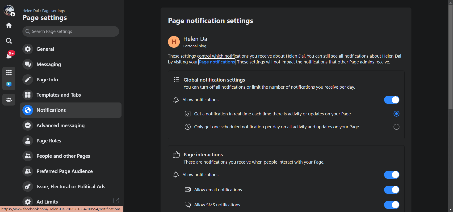 Facebook Page notification settings