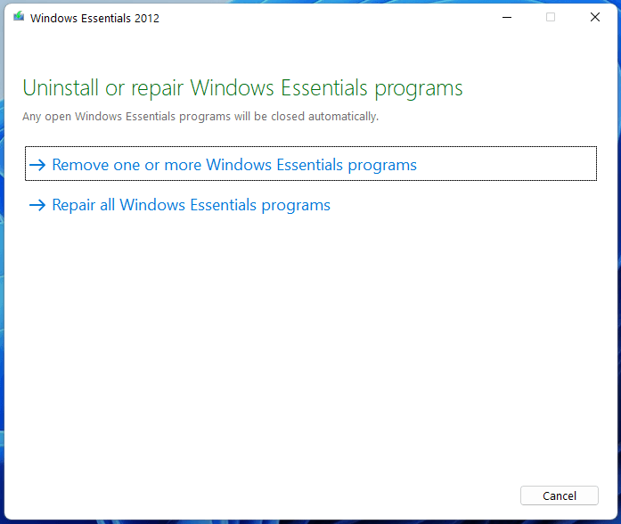 uninstall/repair Windows Essentials programs