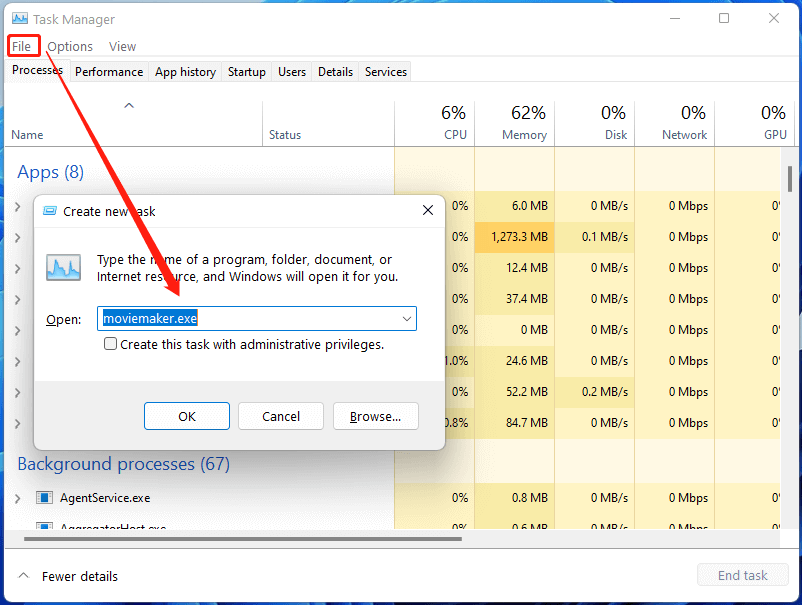 open Windows 11 Movie Maker in Task Manager