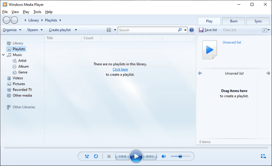 interface of Windows Media Player 12