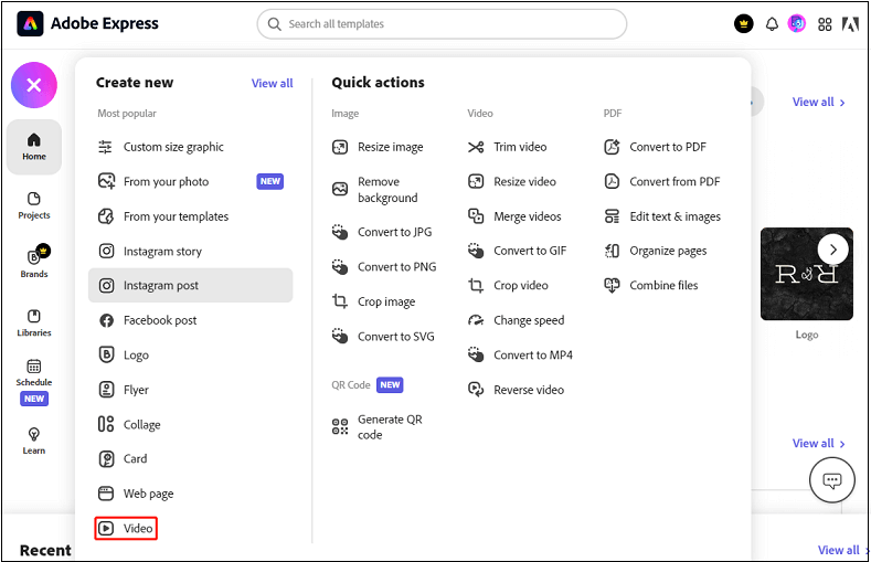 Einrichten eines Projekts in Adobe Express