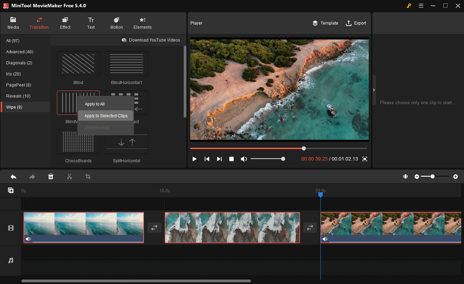 add a transition between multiple clips