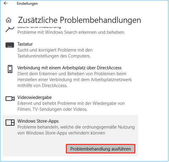 Ausführen der Problembehandlung für Windows Store Apps unter Windows 10