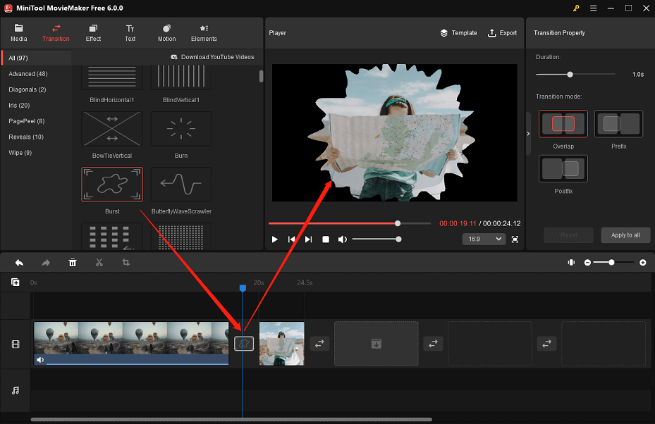 Add a transition between video or image clips