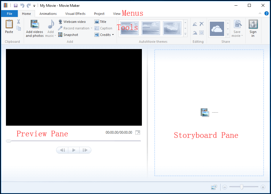l'interface principale de Windows Movie Maker
