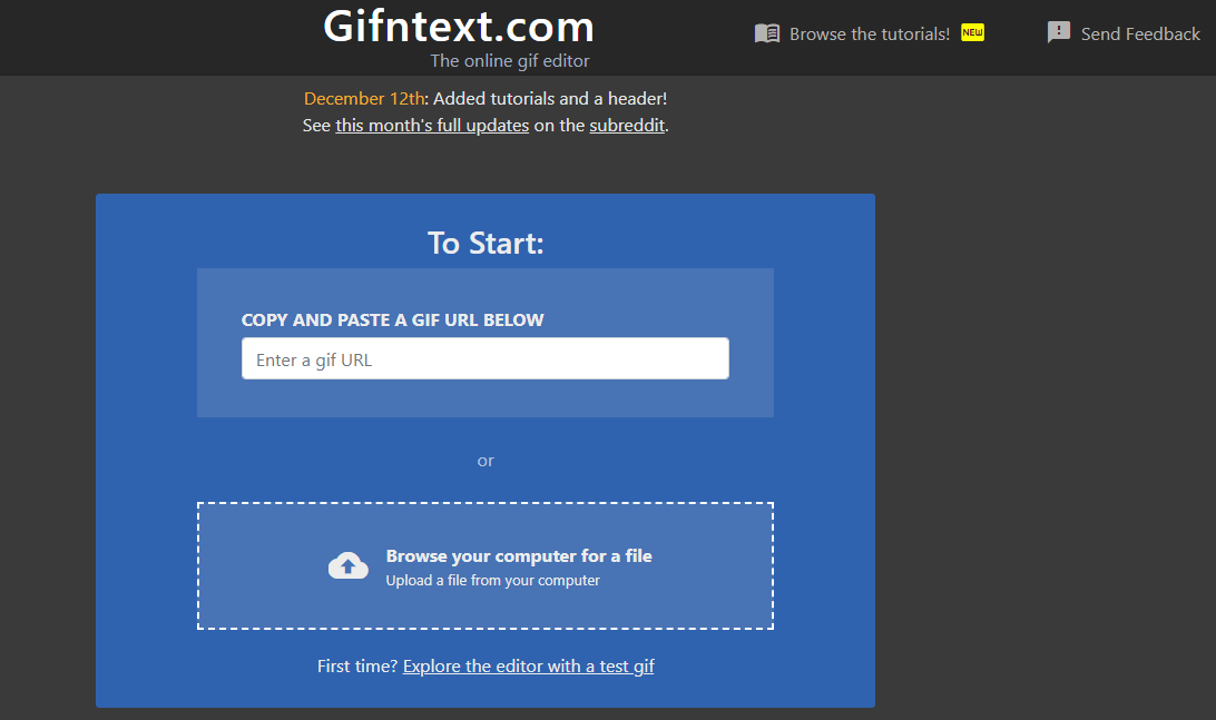 Gifntext.comのメインインターフェース