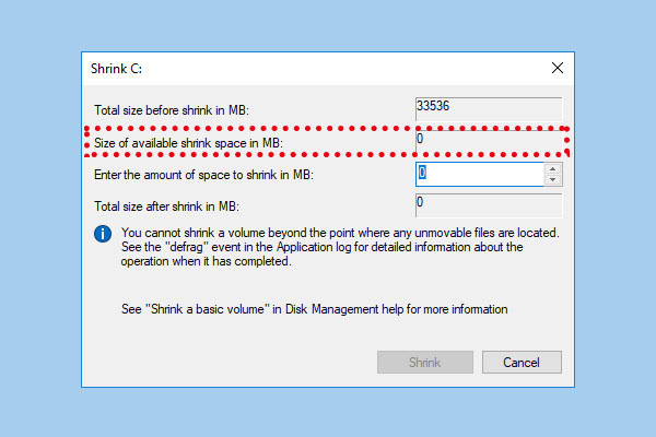 How Do I Fix: Size of Available Shrink Space in MB Is 0