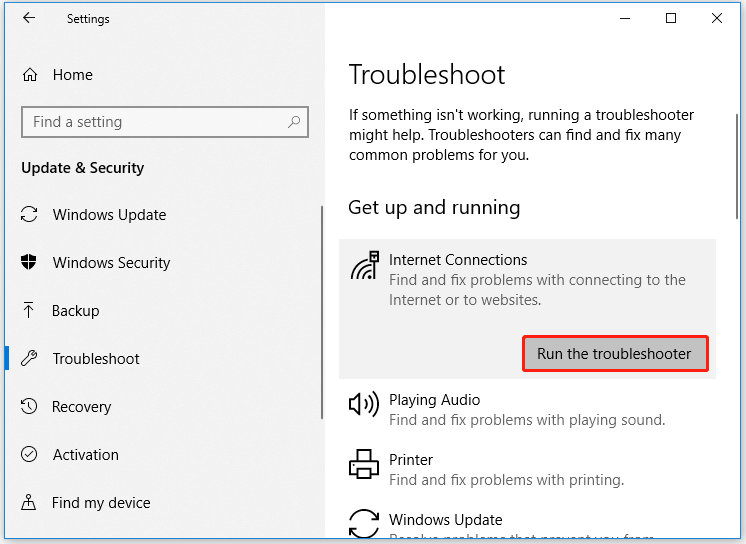 run the Network troubleshooter