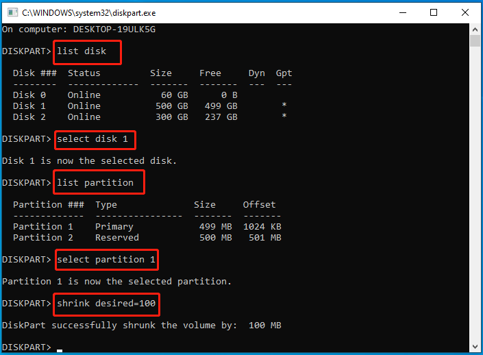 shrink a volume using diskpart