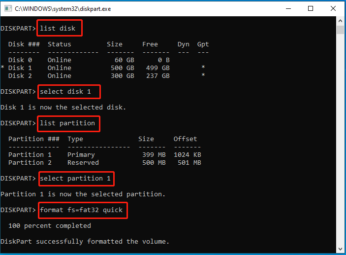 format a partition to FAT32 using diskpart