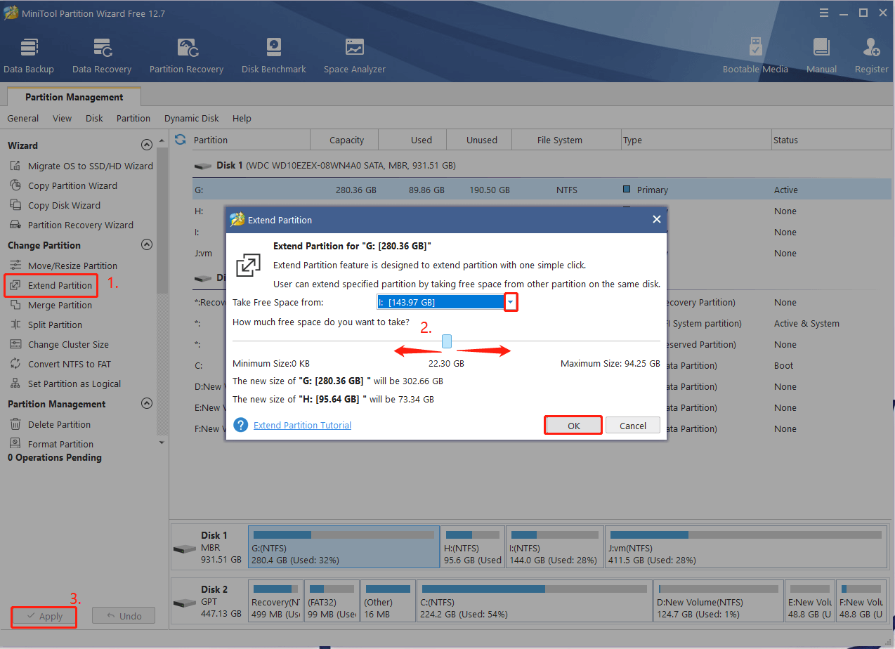 extend partition using MiniTool