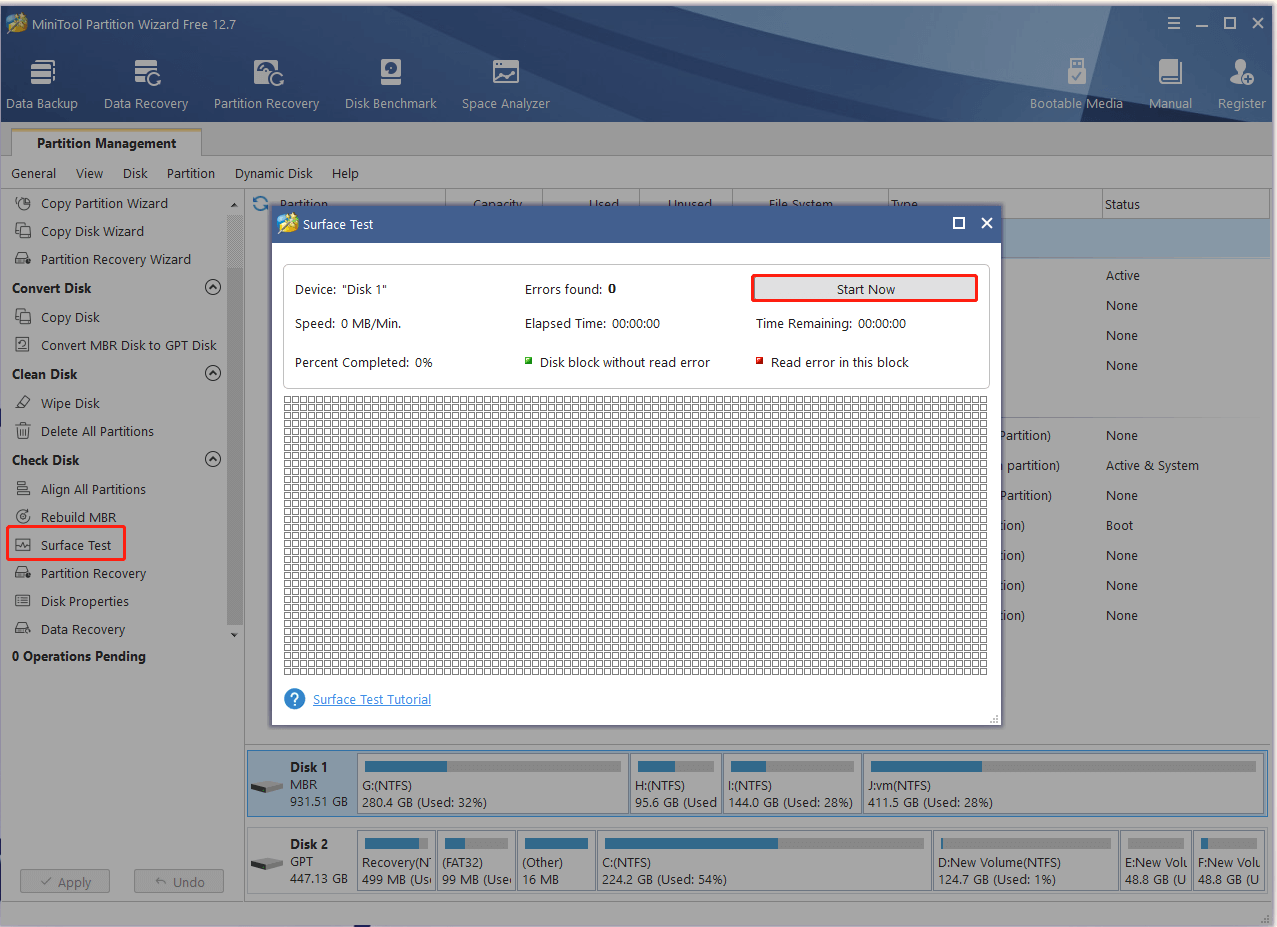 check bad sectors using MiniTool