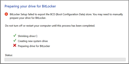 Error message of BitLocker setup failed to export the BCD