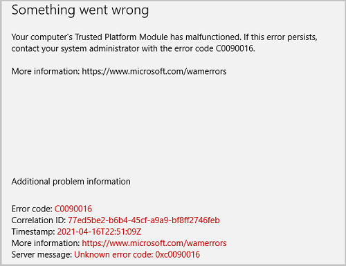 TPM error code C0090016