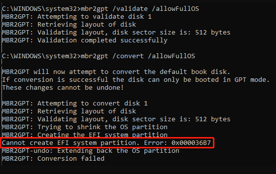 cannot create EFI system partition MBR2GPT