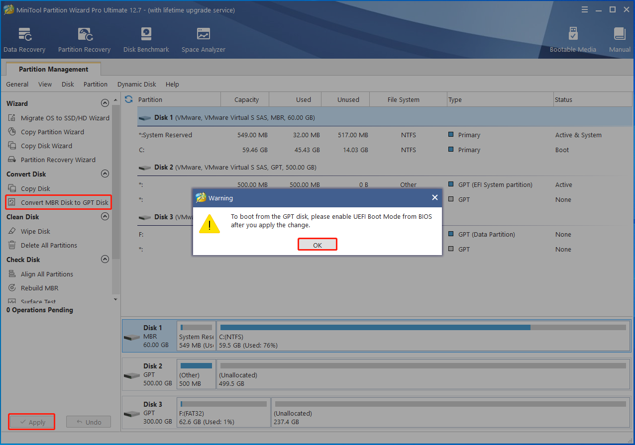 convert MBR to GPT disk using MiniTool