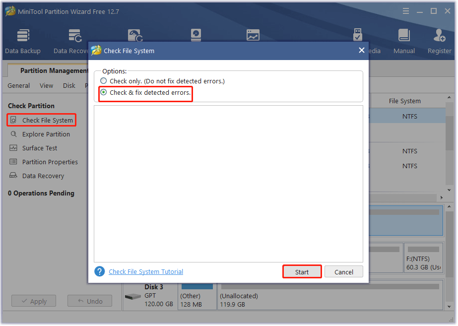 Check File System using MiniTool Partition Wizard