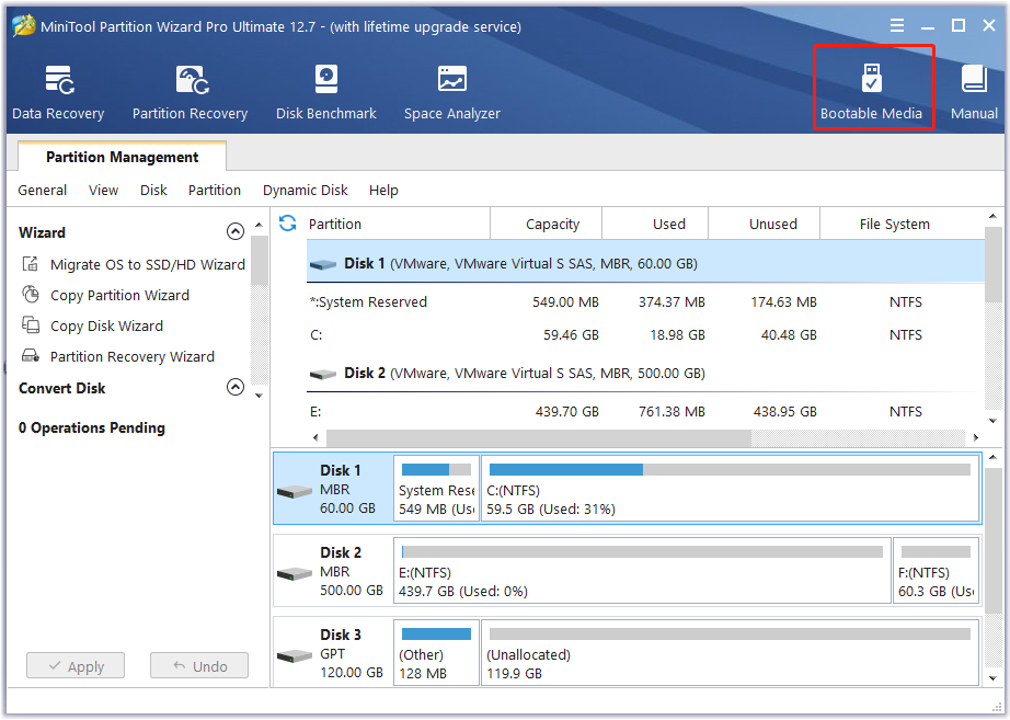 create bootable MiniTool Partition Wizard media