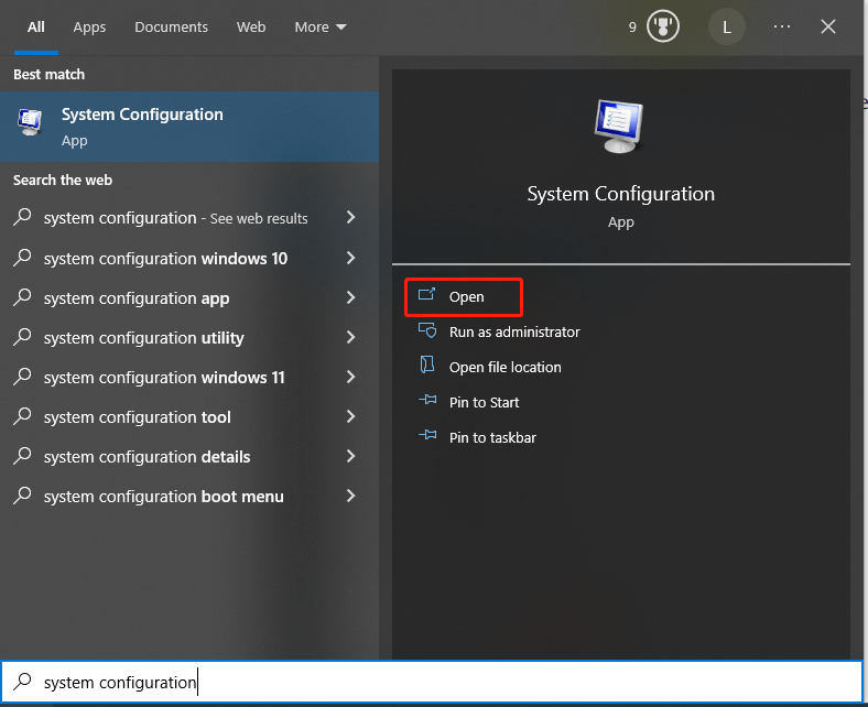 open System Configuration from search box