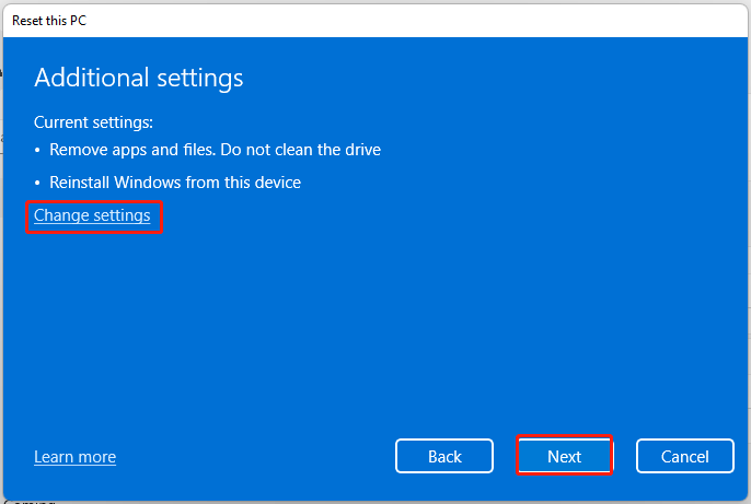 click Change settings in Reset this PC