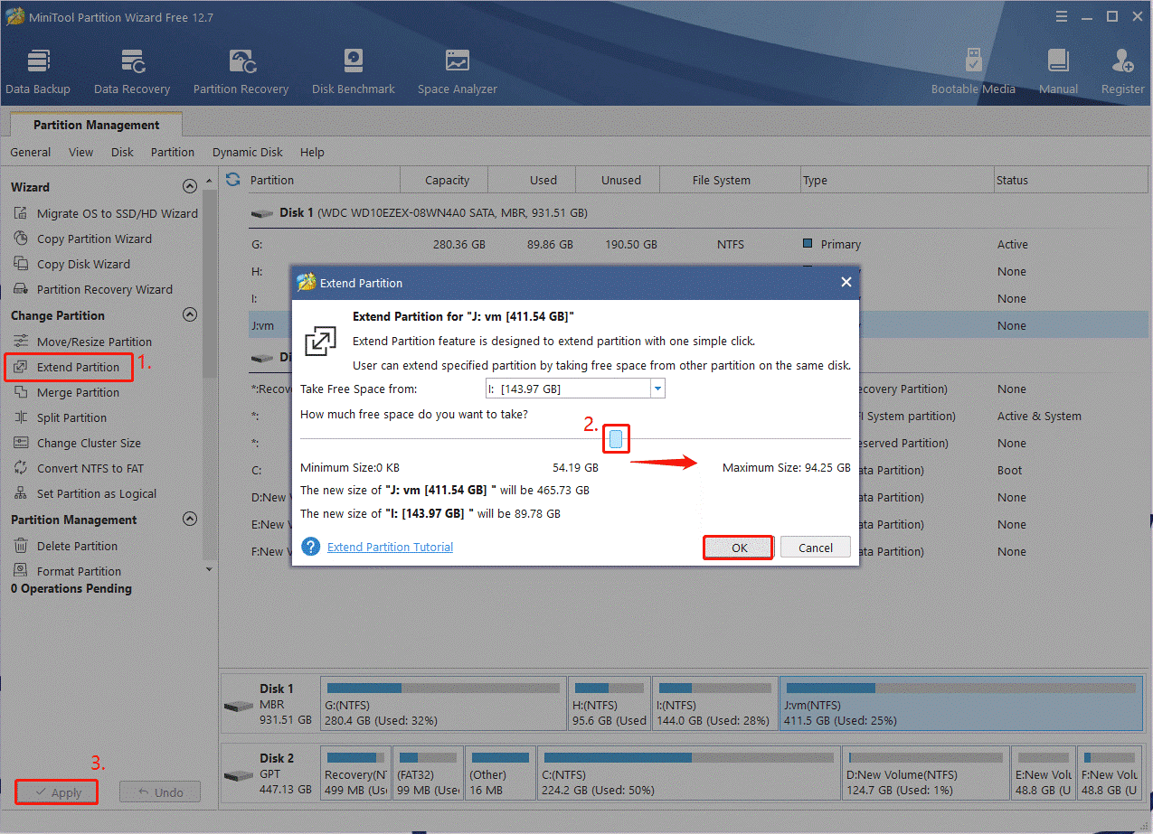 shrink partition using MiniTool