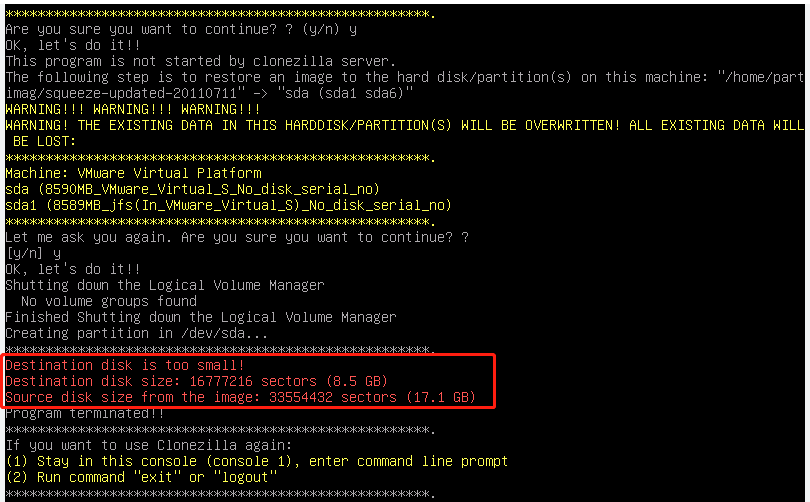 Clonezilla failed to clone due to disk size