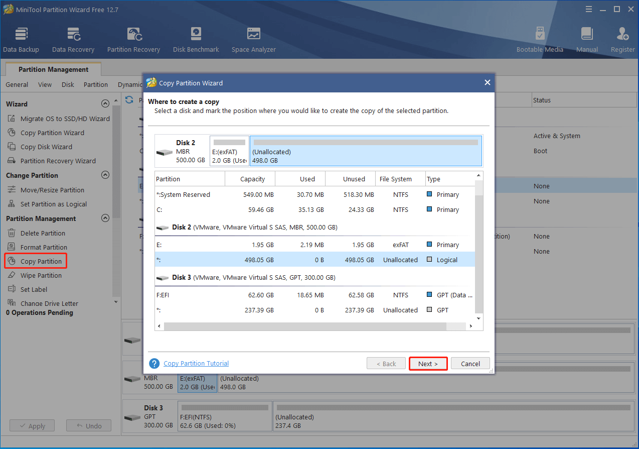 copy partition using MiniTool