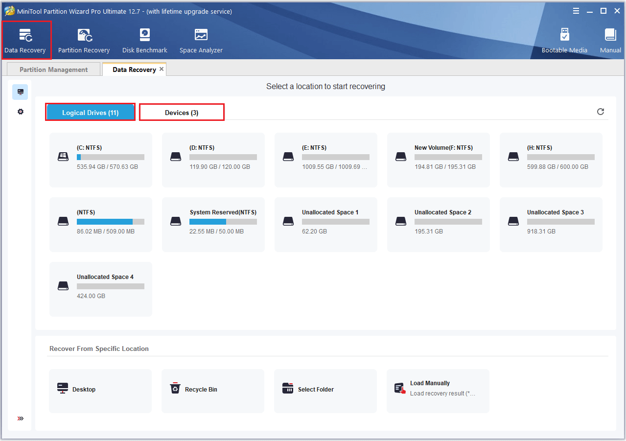 choose a location to scan and recover data