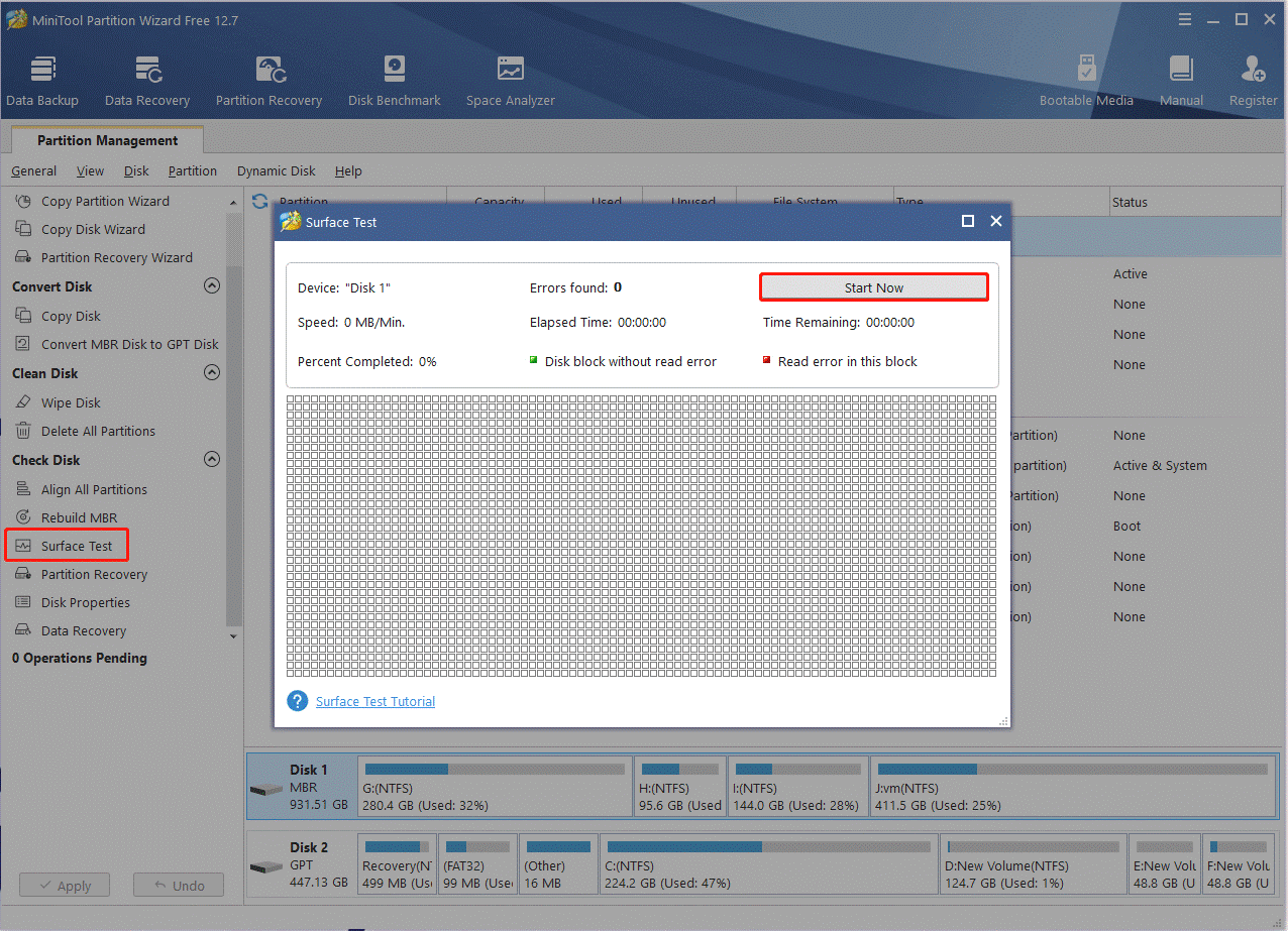 check bad sectors using MiniTool