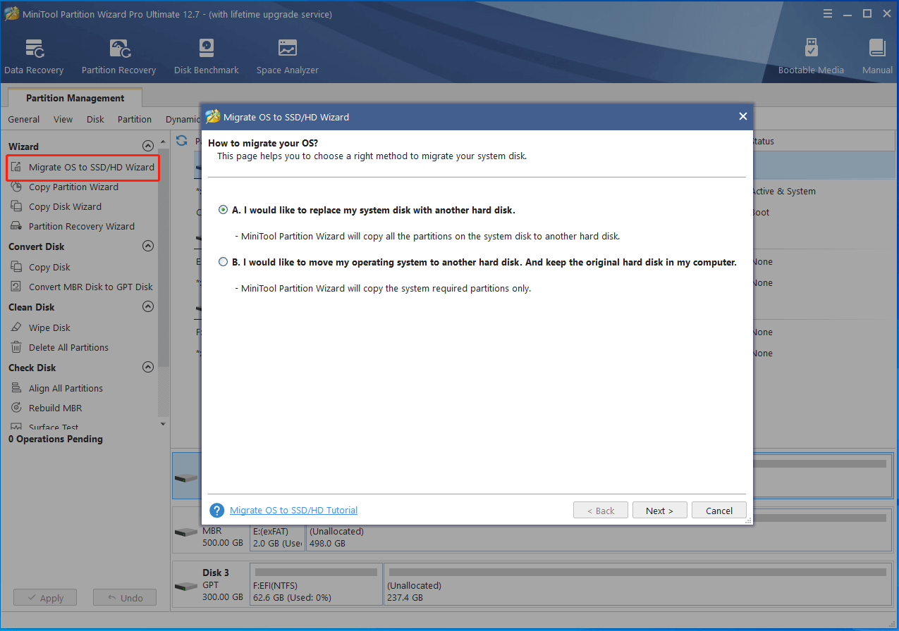 select Migrate OS to SSD on MiniTool