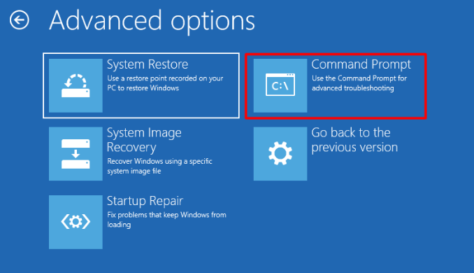 select Command Prompt in WinRE