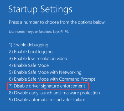 disable driver signature enforcement