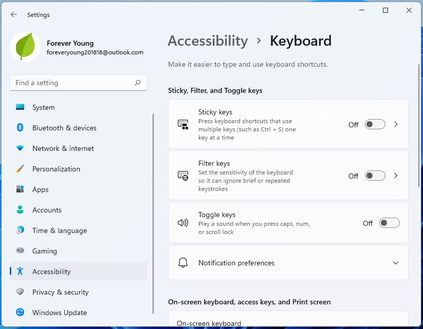 turn off Sticky Keys using Settings