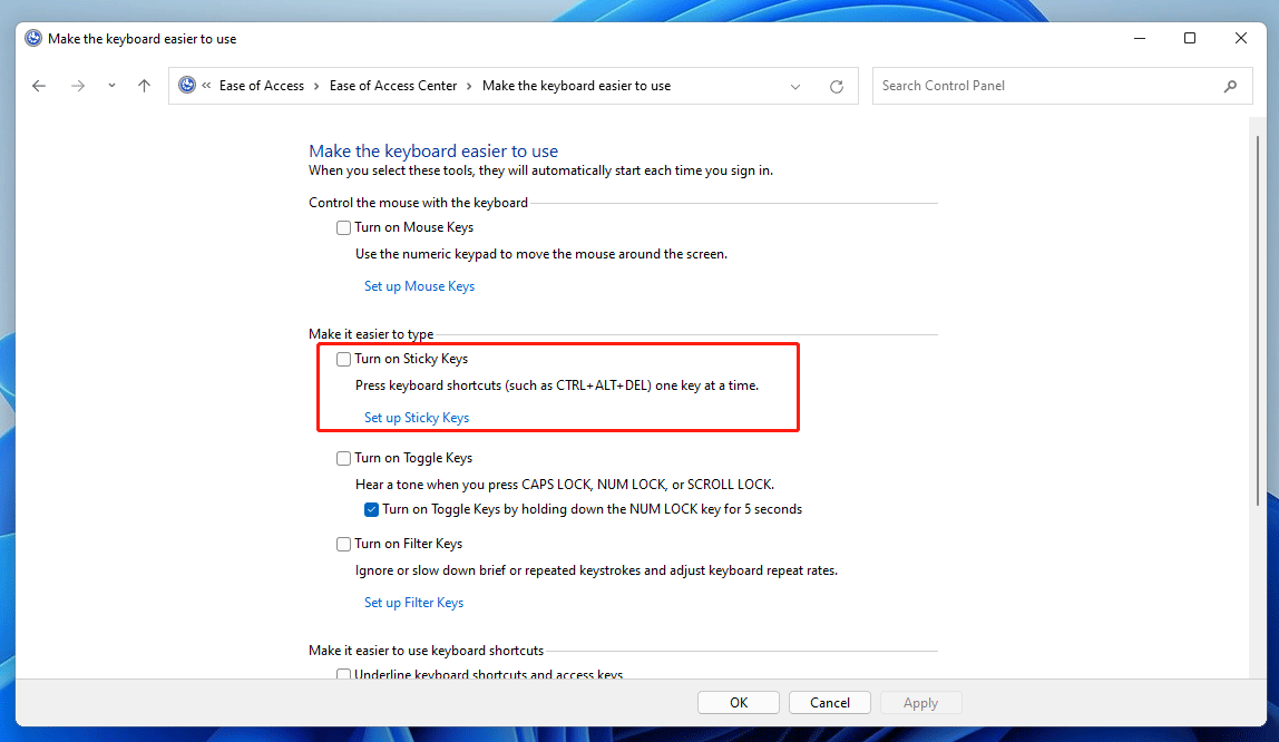 turn off Sticky Keys using Control Panel