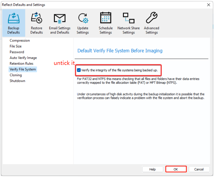 turn off file system checking Macrium