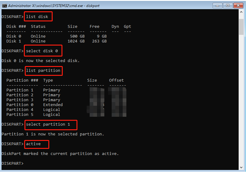 set partition as active in CMD