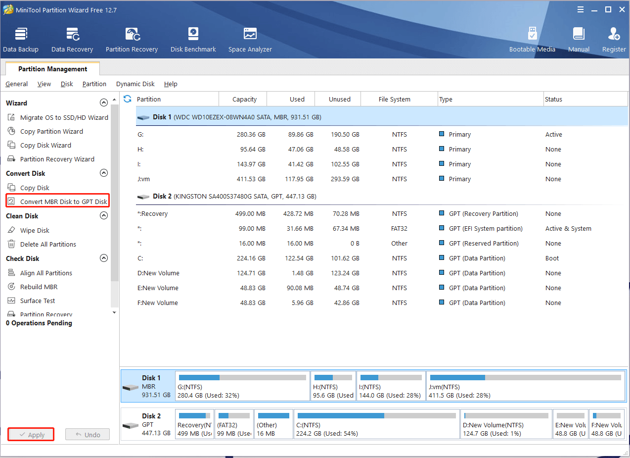 convert MBR to GPT using MiniTool