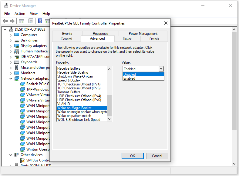 the steps to disable Magic Packets