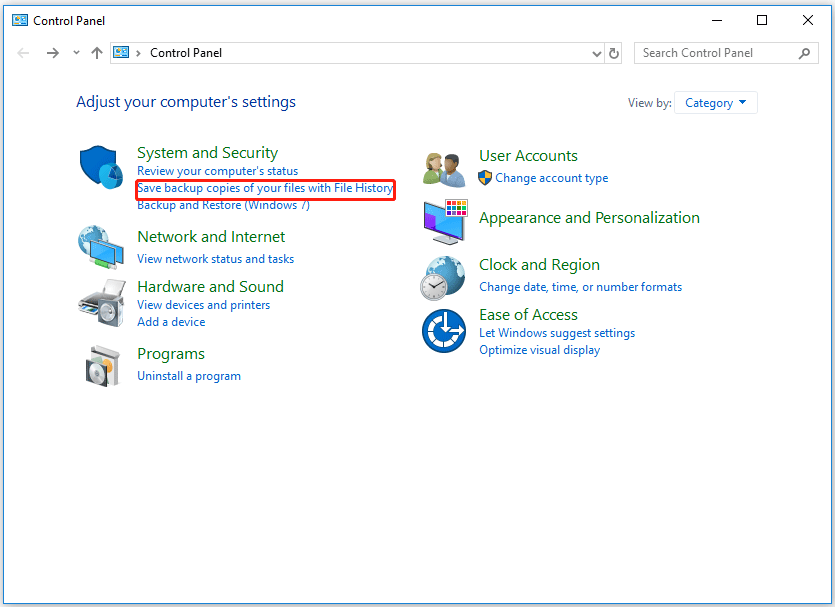 click Save backup copies of your files with File History