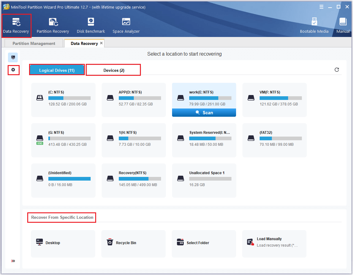 choose a location to scan and recover data