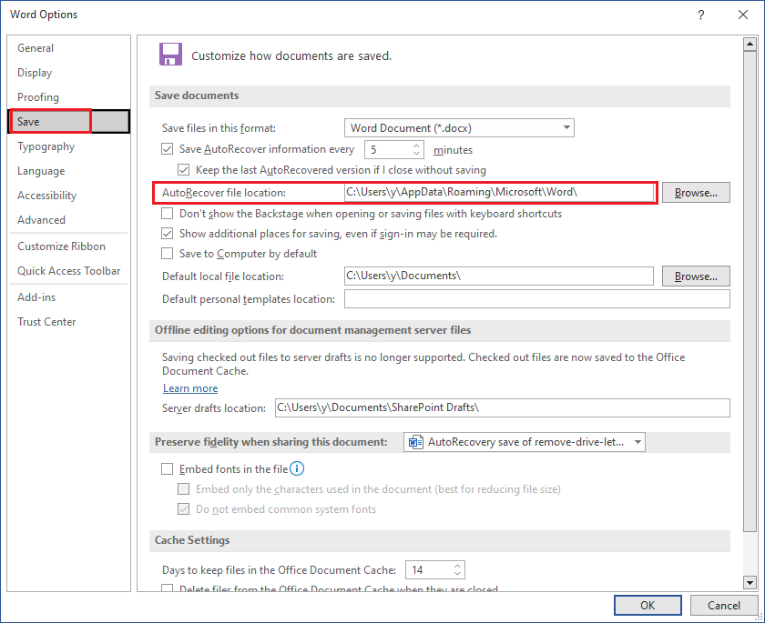 AutoRecover file location