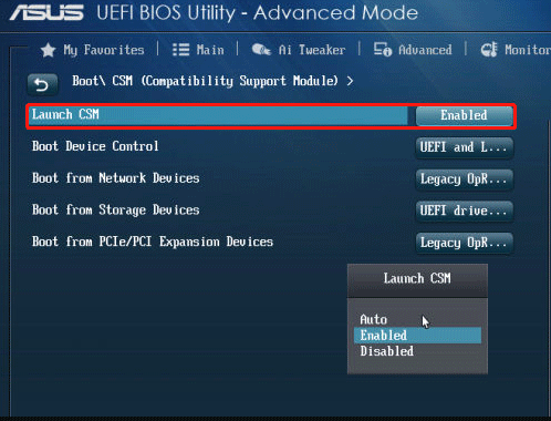 select Launch CSM in ASUS