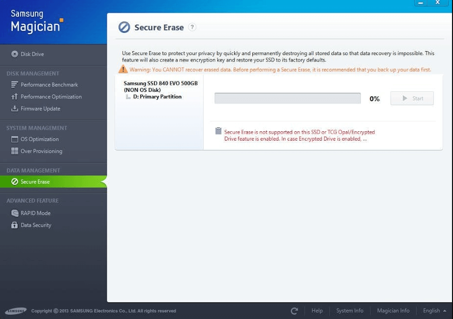 Secure Erase is not supported on selected drive