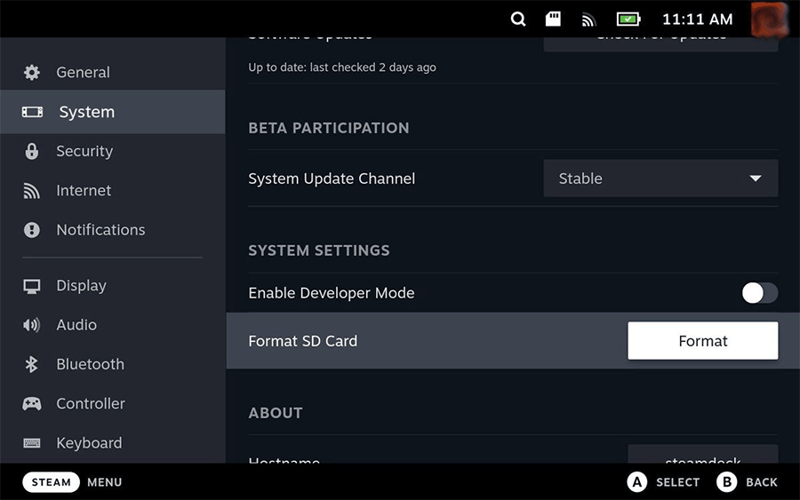 Steam Deck format SD card