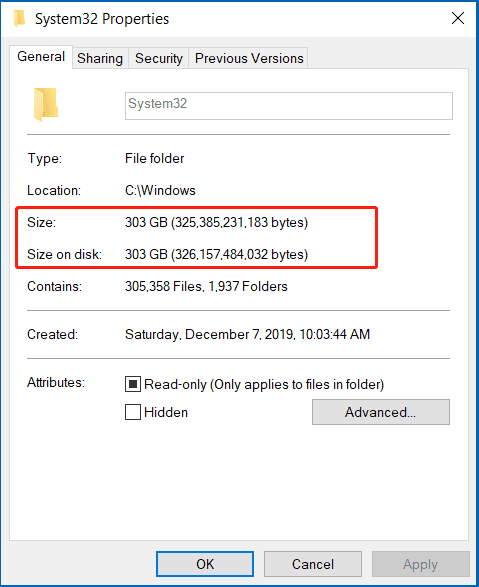 System32 folder takes up too much space