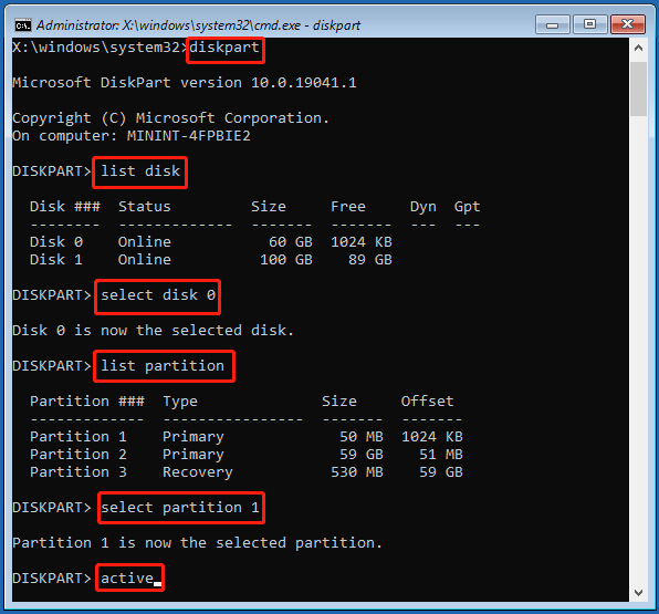 Set the system partition as active